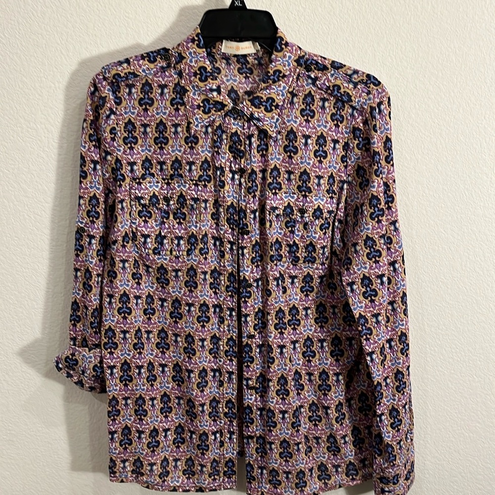 TORY BURCH BLUE AND KACKI BUTTON DOWN PAISLEY PRINT women’s 12  cotton fabric